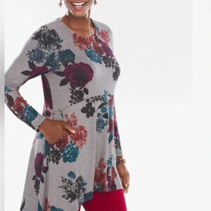 Chico's Rose Tunic Top High Low Grey Floral Size 1 Medium Kangaroo Pocket